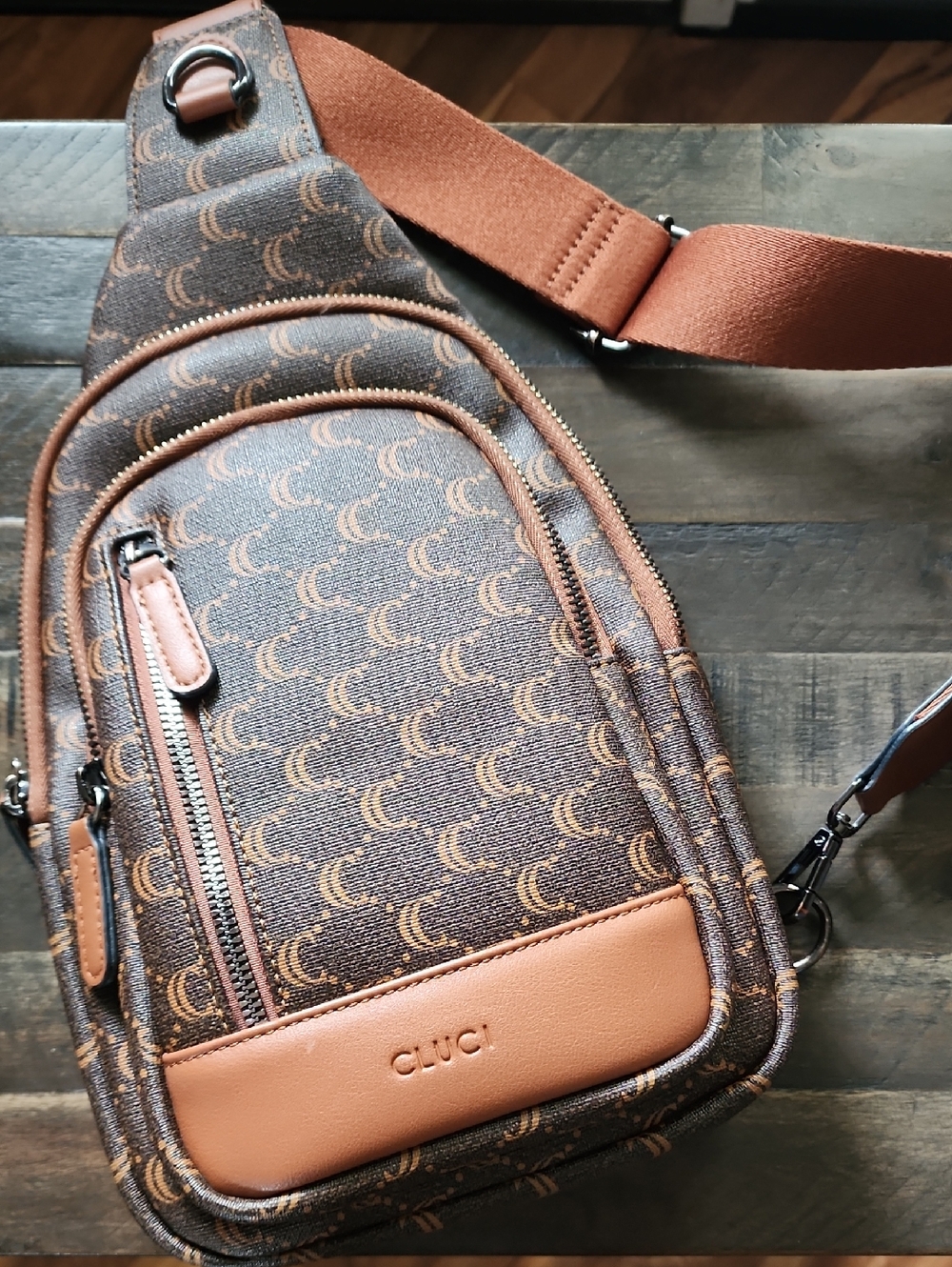 CLUCI Brown Crescent Monogram Crossbody Belt Bag with Tan Accents